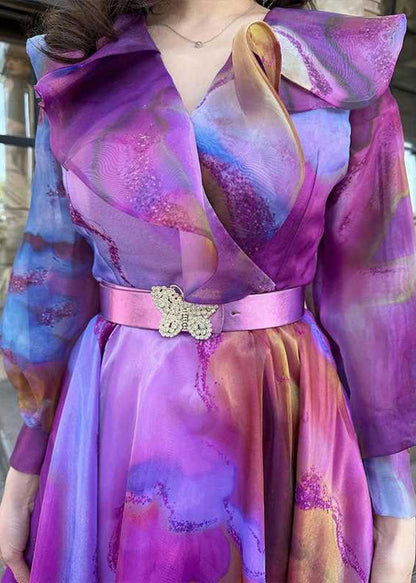 Robe chic à imprimé violet avec ceintures et patchwork en tulle et ourlet extra large, printemps WW1035