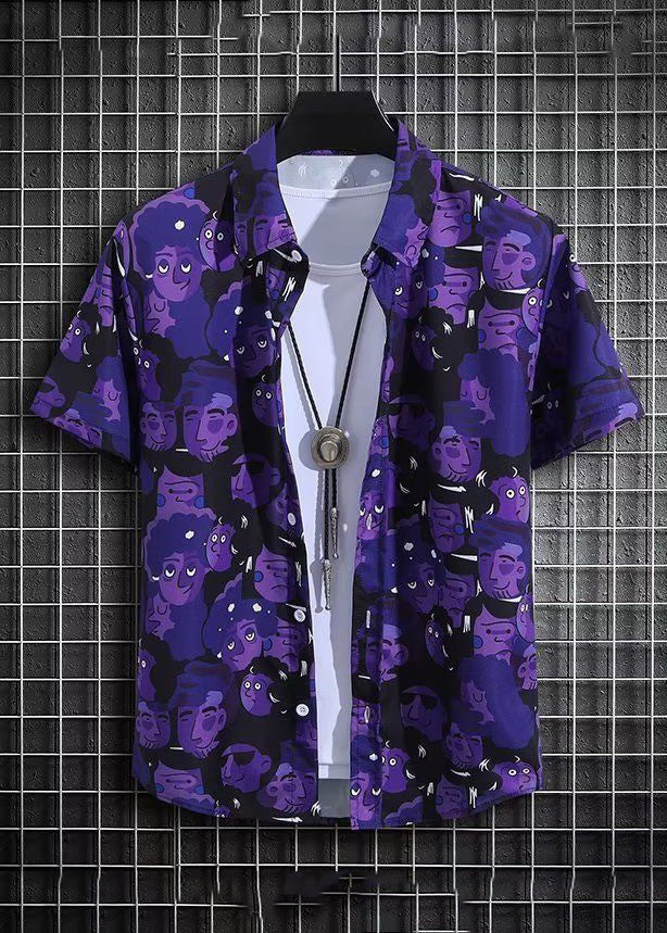 Chic Purple Print Shirt And Shorts Ice Silk Men Two Pieces Set Summer HG047