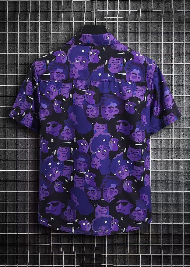 Chic Purple Print Shirt And Shorts Ice Silk Men Two Pieces Set Summer HG047