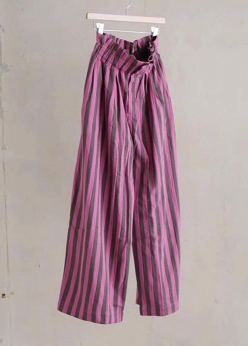 Chic Purple Striped Elastic Waist Cotton Wide Leg Pants Summer AH643