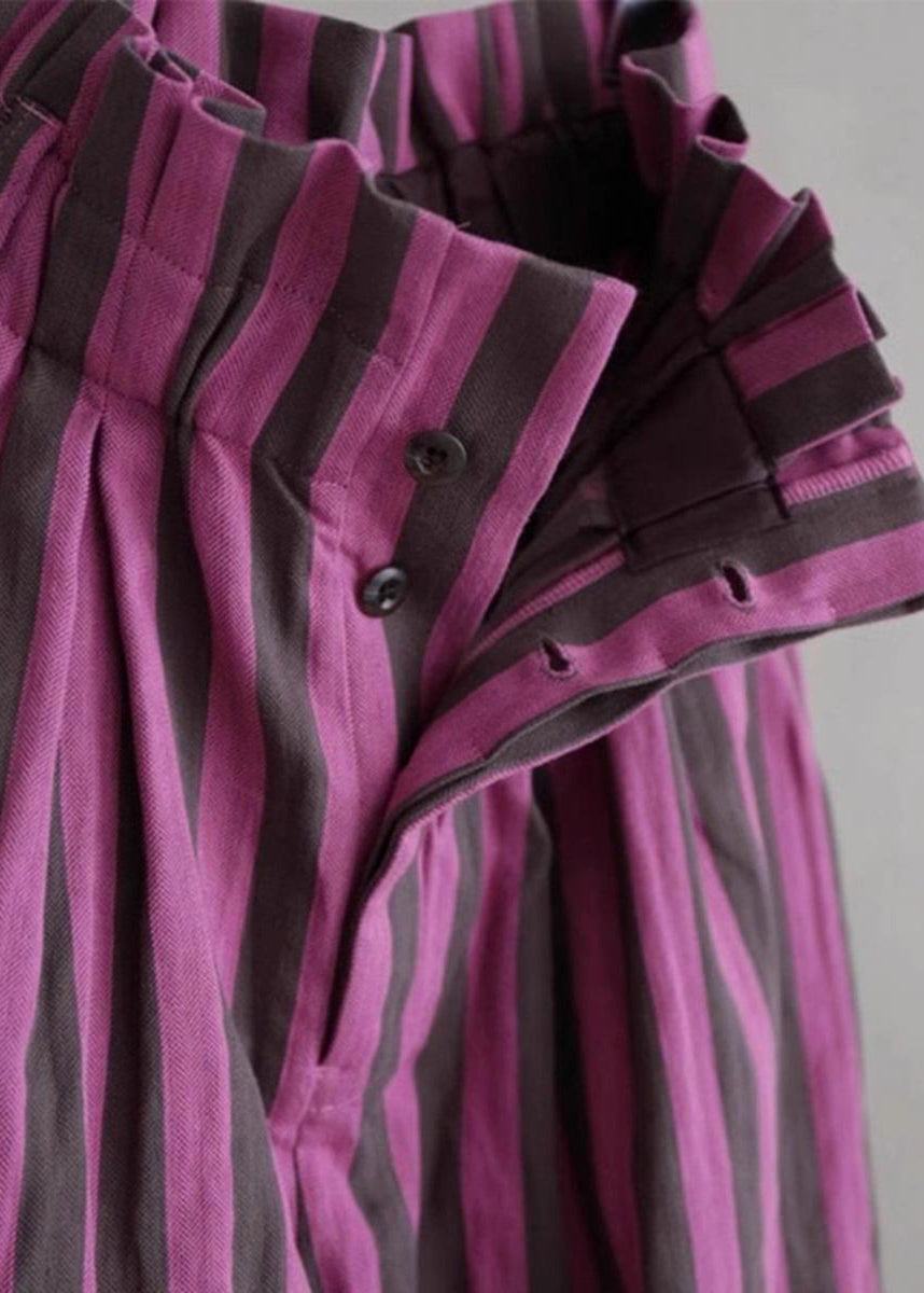 Chic Purple Striped Elastic Waist Cotton Wide Leg Pants Summer AH643