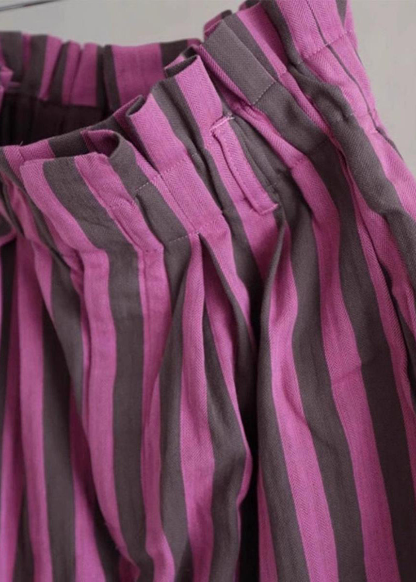 Chic Purple Striped Elastic Waist Cotton Wide Leg Pants Summer AH643