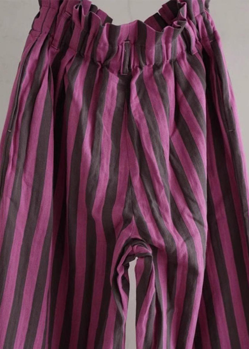 Chic Purple Striped Elastic Waist Cotton Wide Leg Pants Summer AH643