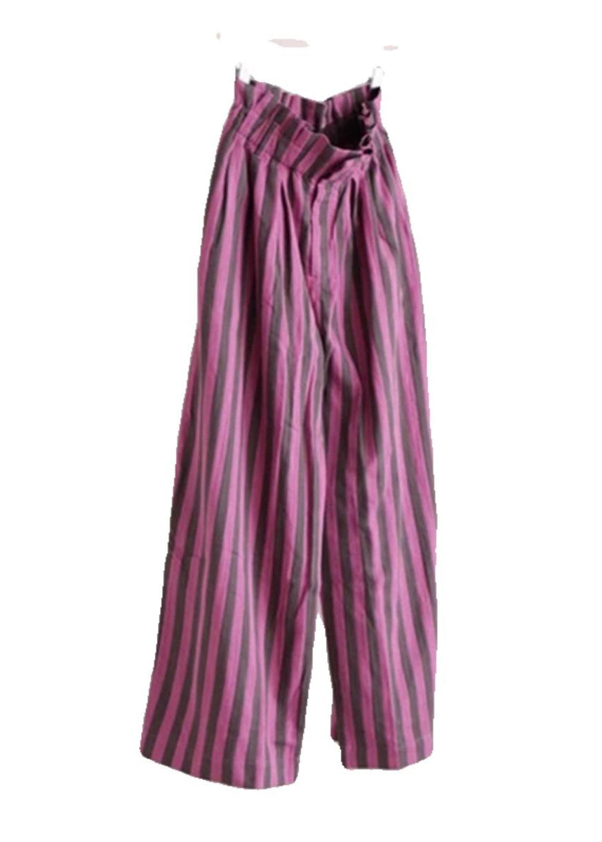 Chic Purple Striped Elastic Waist Cotton Wide Leg Pants Summer AH643