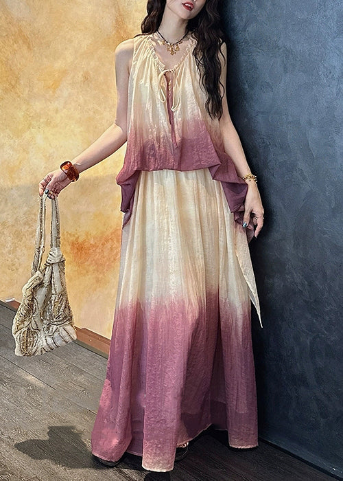 V Chic Purple Two False Pieces Neck Silk Linen Ruffled Dress