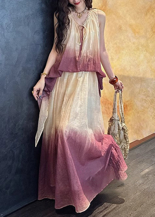 V Chic Purple Two False Pieces Neck Silk Linen Ruffled Dress
