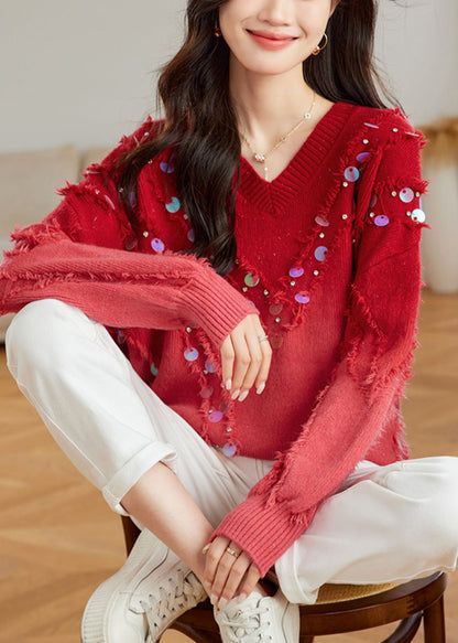 Schicker roter Farbverlauf V-Ausschnitt Quaste Pailletten Strickpullover Tops Frühling TQ002