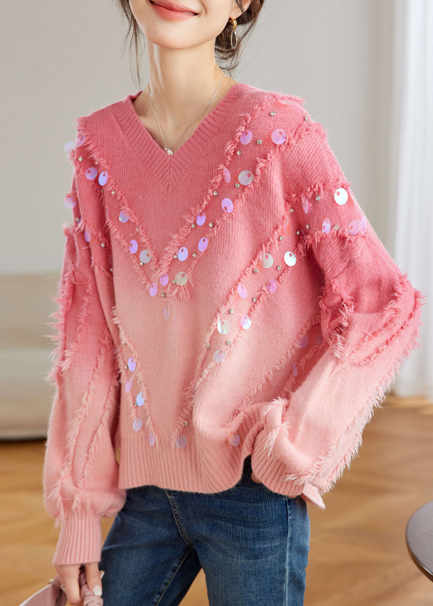 Schicker roter Farbverlauf V-Ausschnitt Quaste Pailletten Strickpullover Tops Frühling TQ002