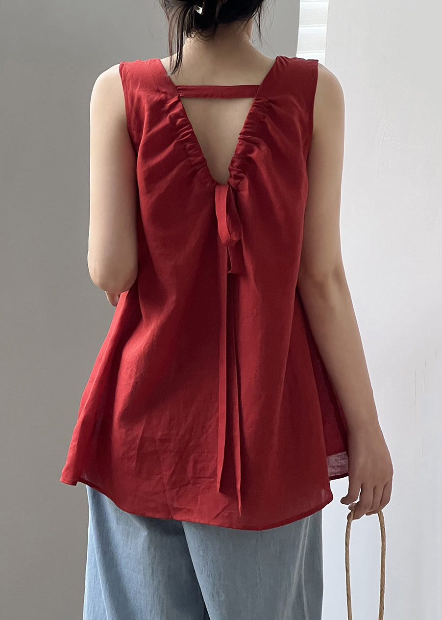 Chic Red Lace Up Solid Cotton Tops Sleeveless QE046