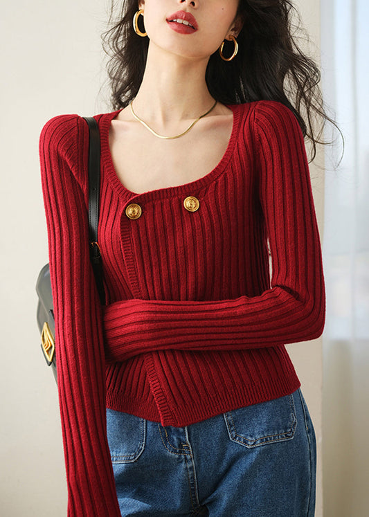Schicke rote O-Ausschnitt-Zweireiher-Strickjacke Frühling TO017