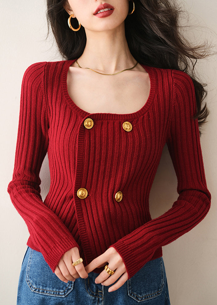 Schicke rote O-Ausschnitt-Zweireiher-Strickjacke Frühling TO017