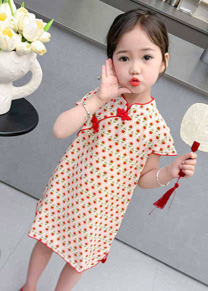 Robe longue de vacances à manches courtes pour enfants, imprimée rouge chic, ouverte sur le côté, MN020