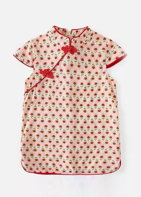 Schickes rotes Print-Seiten-offenes Kinder-Ferien-Langkleid mit kurzen Ärmeln MN020