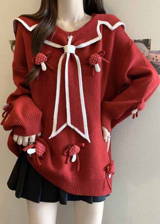 Pull en maille épaisse à col marin rouge chic hiver RG033
