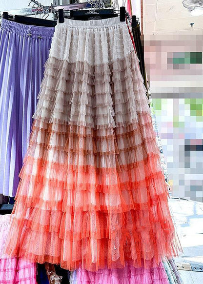 Chic Rose Gradient Color Wrinkled Elastic Waist Tulle Skirt Summer Ada Fashion