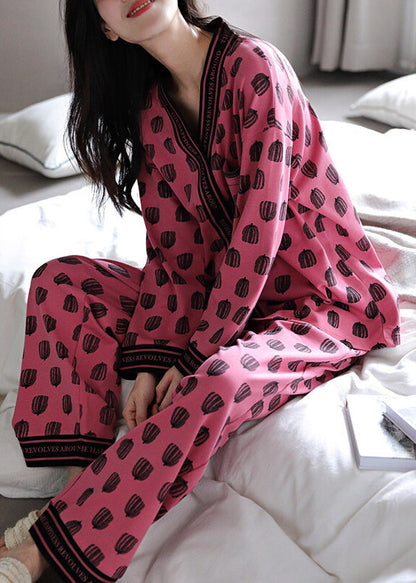 Set Rose Print Pieces Cotton Two Pajamas V Neck Chic Fall