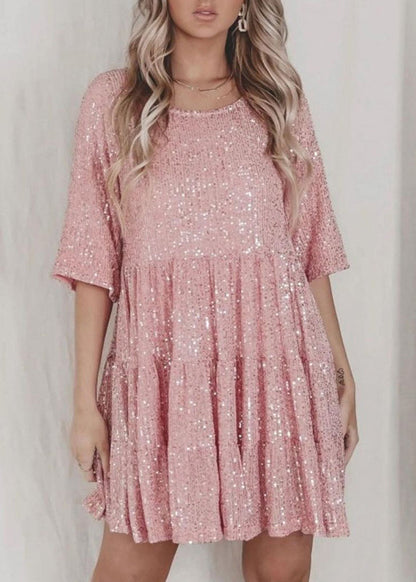 Robe mi-longue en coton à paillettes argentées et col rond chic pour l'été AA1043