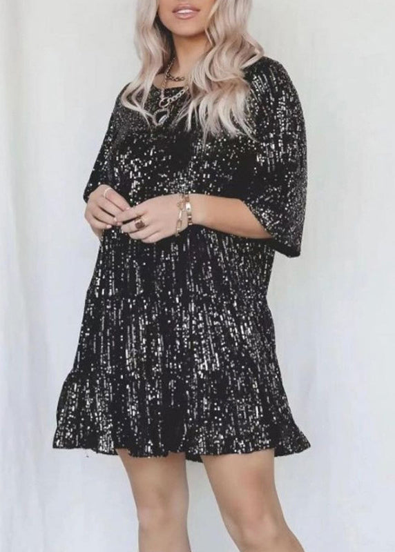 Chic Silver O Neck Sequins Cotton Mid Dress Summer AA1043