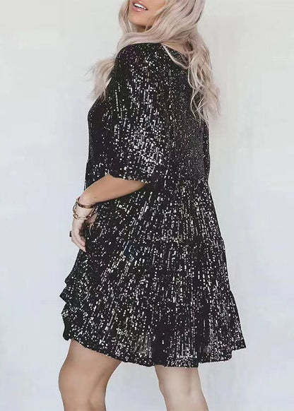 Robe mi-longue en coton à paillettes argentées et col rond chic pour l'été AA1043