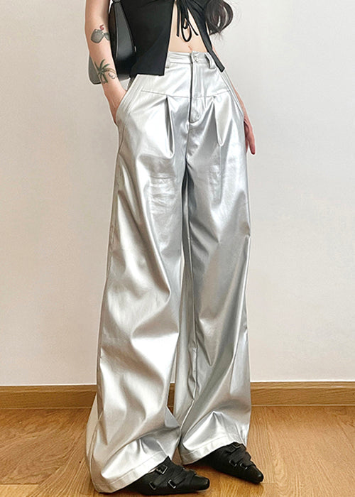 Chic Silver Pockets High Waist Wide Leg Pants Summer PP024