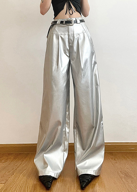 Chic Silver Pockets High Waist Wide Leg Pants Summer PP024