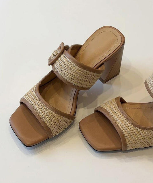 Faux Heel Chic Splicing Sandals Leather Chunky Slide Brown