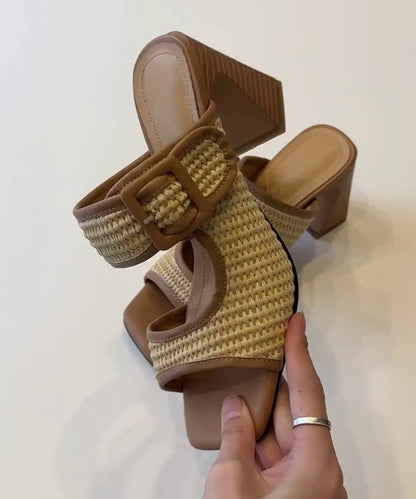 Faux Heel Chic Splicing Sandals Leather Chunky Slide Brown