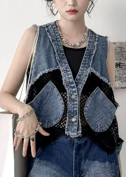 Gilet en jean à col en V et poches patchwork chic en maille respirante