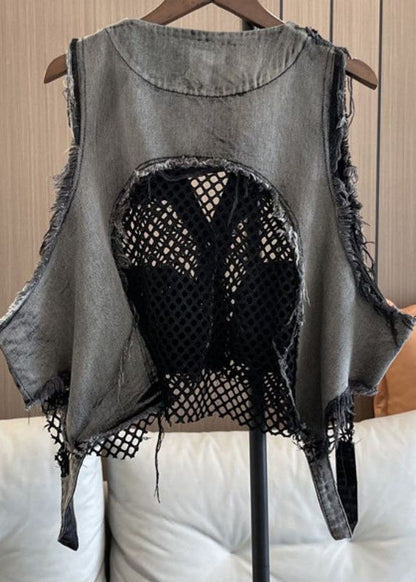 Gilet en jean à col en V et poches patchwork chic en maille respirante