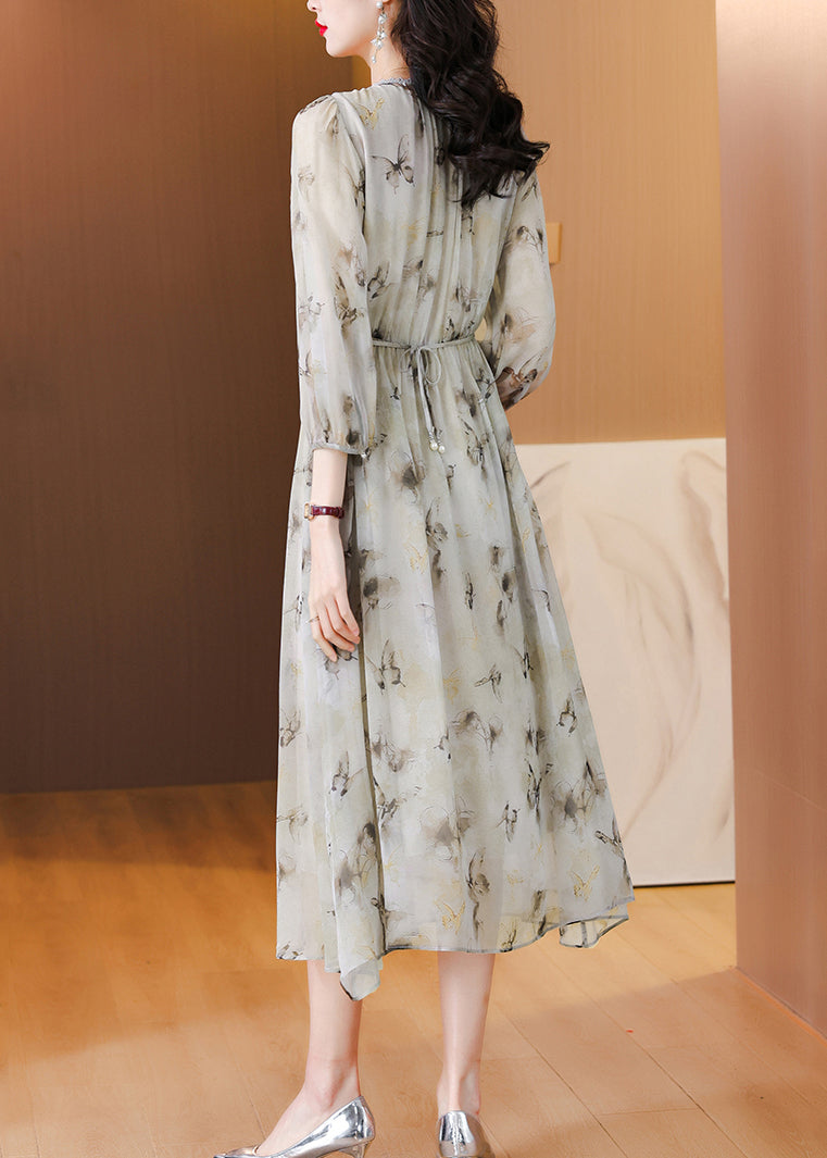 Chic V Neck Print Lace Up Chiffon Long Dress Lantern Sleeve BB001