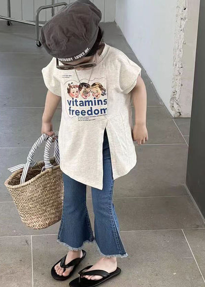 Ensemble deux pièces t-shirt et pantalon en jean à manches courtes pour fille, patchwork asymétrique blanc chic YU1085