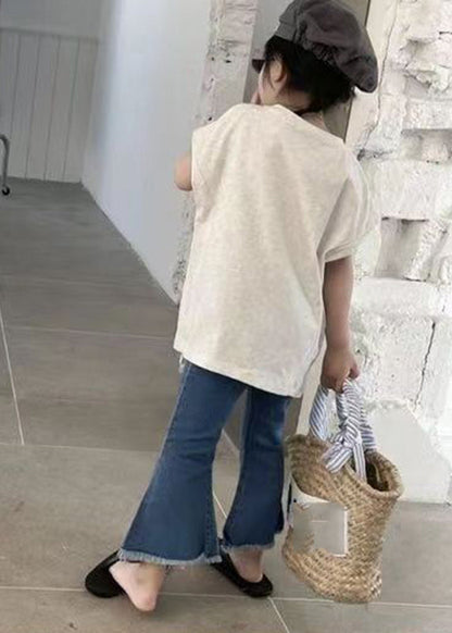 Ensemble deux pièces t-shirt et pantalon en jean à manches courtes pour fille, patchwork asymétrique blanc chic YU1085