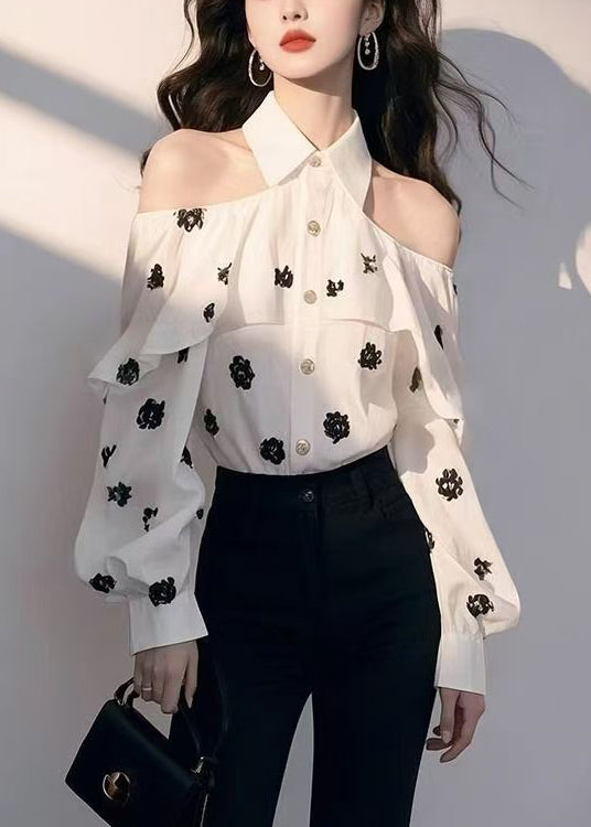 Print Shoulder Chiffon Chic Cold Fall Shirt White