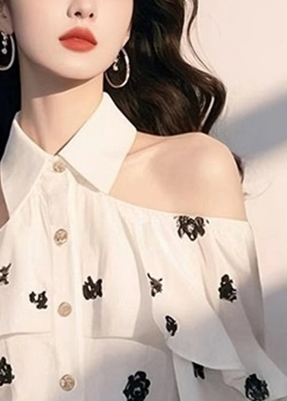 Print Shoulder Chiffon Chic Cold Fall Shirt White