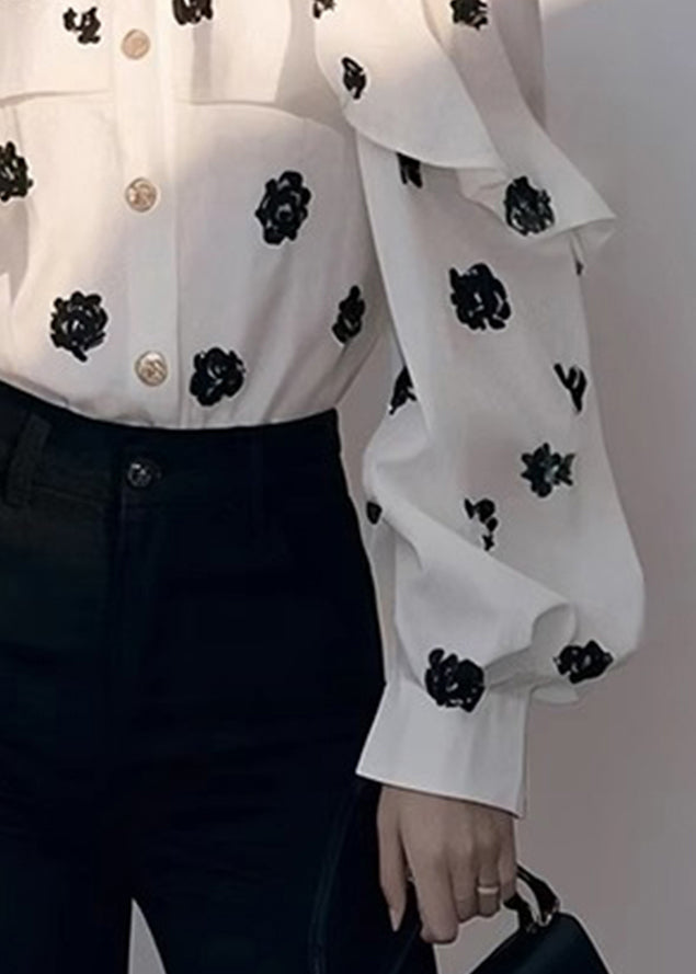 Print Shoulder Chiffon Chic Cold Fall Shirt White