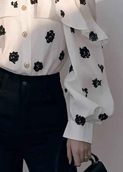 Print Shoulder Chiffon Chic Cold Fall Shirt White