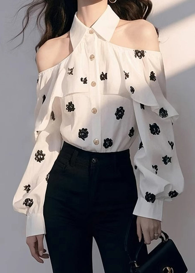 Print Shoulder Chiffon Chic Cold Fall Shirt White
