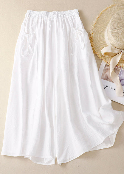 Pantalon en coton chic avec poches et taille large, élastique, blanc, pour l'été