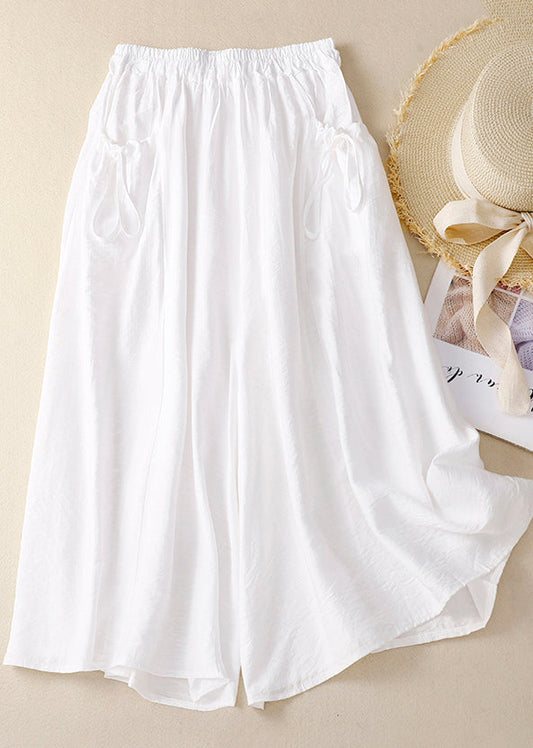 Pantalon en coton chic avec poches et taille large, élastique, blanc, pour l'été