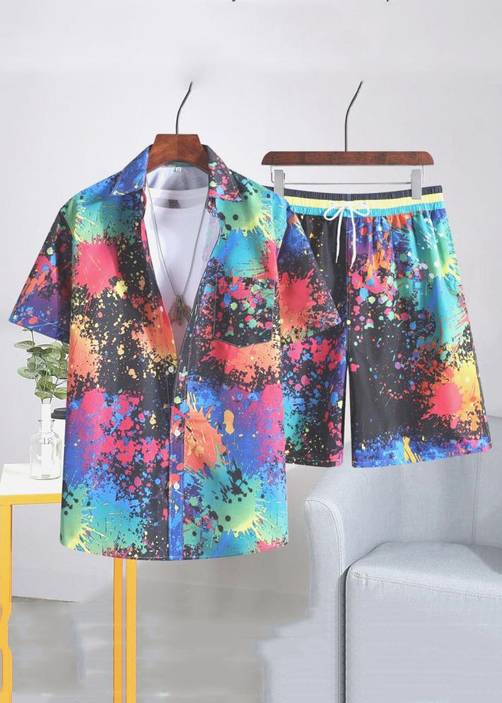 Chic White Print Elastic Waist Cotton Mens Two Piece Set Summer HG060