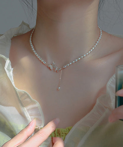 Collier Lariat Chic en Argent Sterling Blanc avec Zircon et Perles Papillon WF023