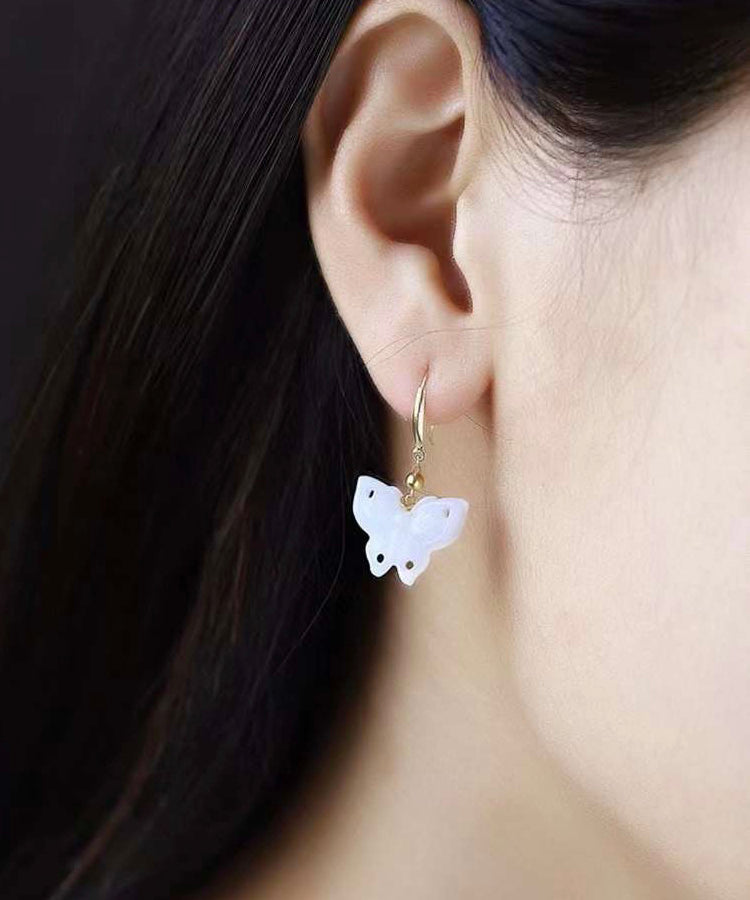 Chic White Sterling Silver Overgild Jade Butterfly Drop Earrings QU032