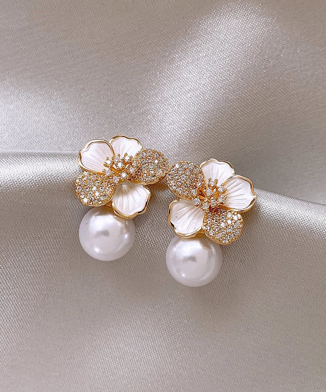 Chic White Sterling Silver Overgild Zircon Pearl Floral Stud Earrings KX1040