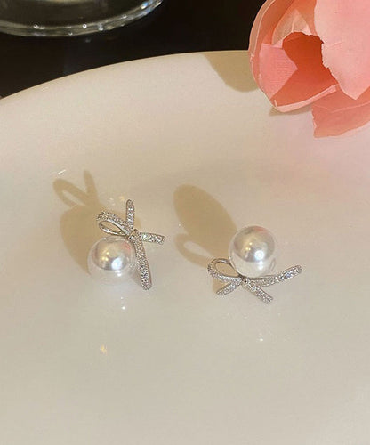 Chic White Sterling Silver Pearl Bow Stud Earrings QQ014