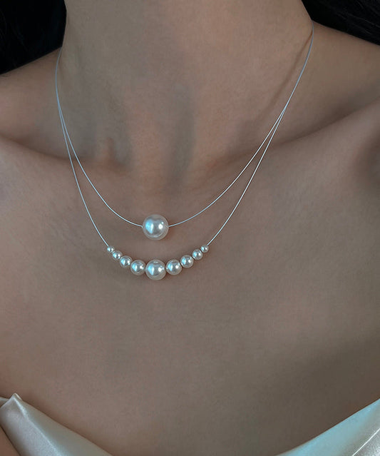 Schicke Halskette mit Anhänger aus weißem Sterlingsilber mit Perlen, zweilagig, zweiteilig, YR013