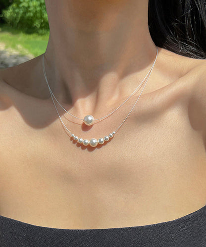 Schicke Halskette mit Anhänger aus weißem Sterlingsilber mit Perlen, zweilagig, zweiteilig, YR013
