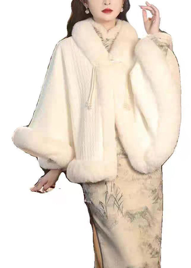 Chic White Tassel Fur Collar Patchwork Warm Fleece Cape Winter WO023