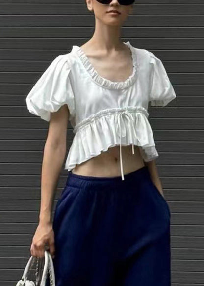 U Sleeve Shirt White Ruffled Neck Chic Puff Cotton