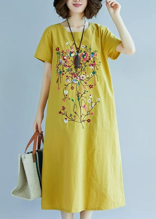 Leinen Chic Kleid Fein Bestickt Sommer Gelb