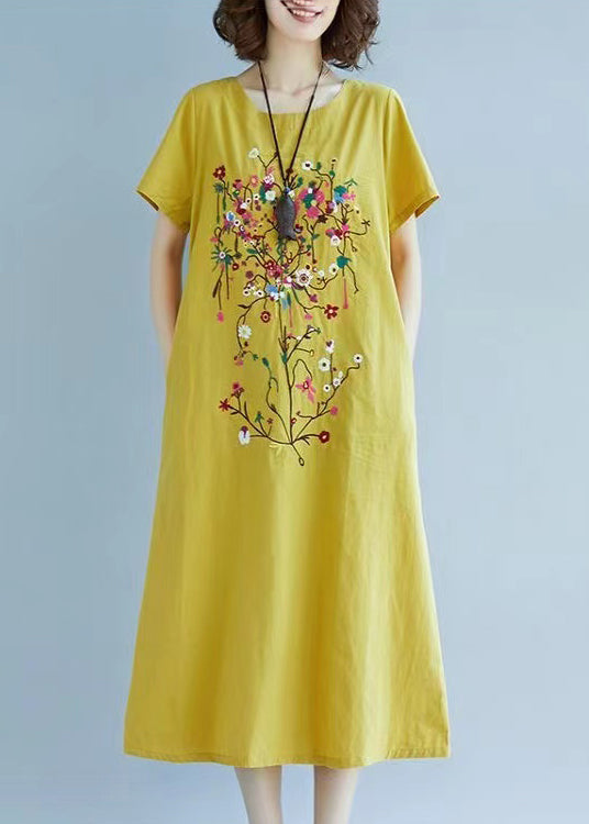 Leinen Chic Kleid Fein Bestickt Sommer Gelb